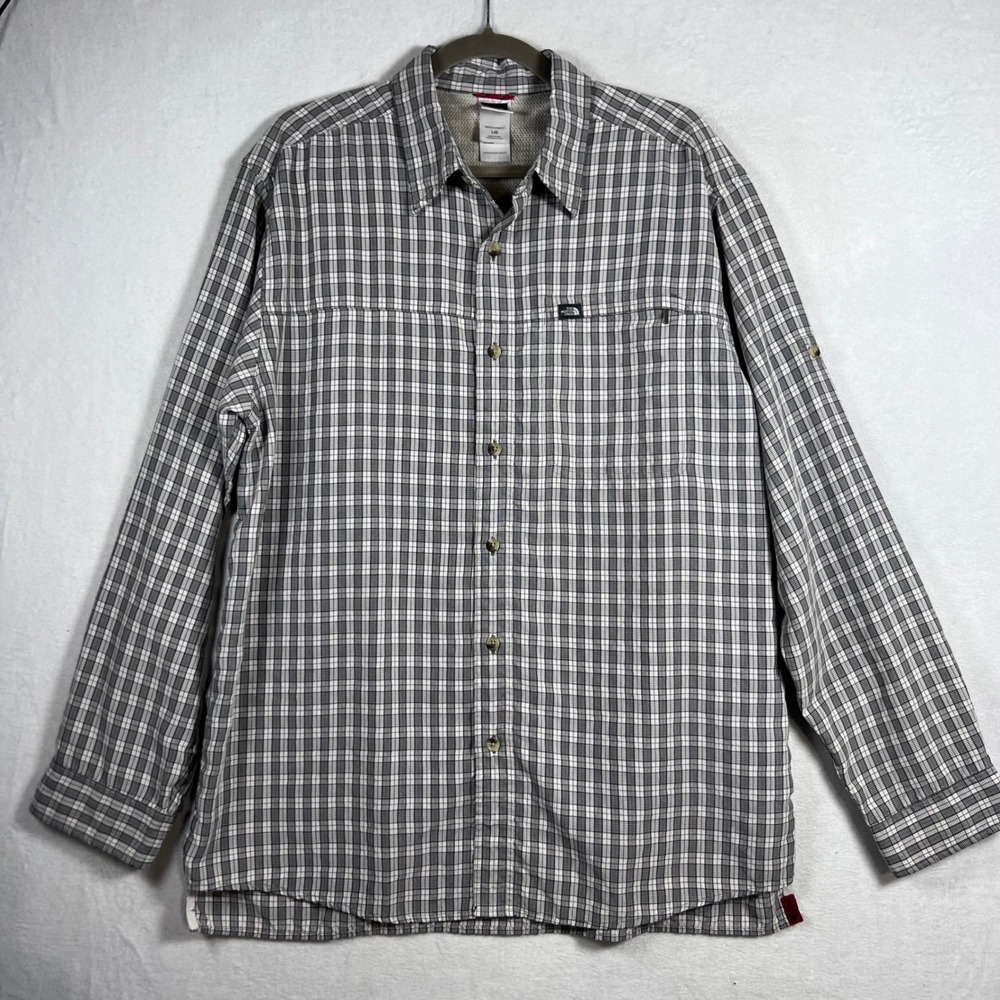 The North Face Mens Plaid Long Sleeve Button Down Grey White Modal Poly Large